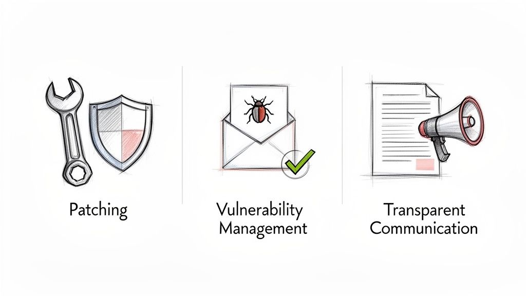 Illustrated icons representing security concepts: Patching, Vulnerability Management, and Transparent Communication.