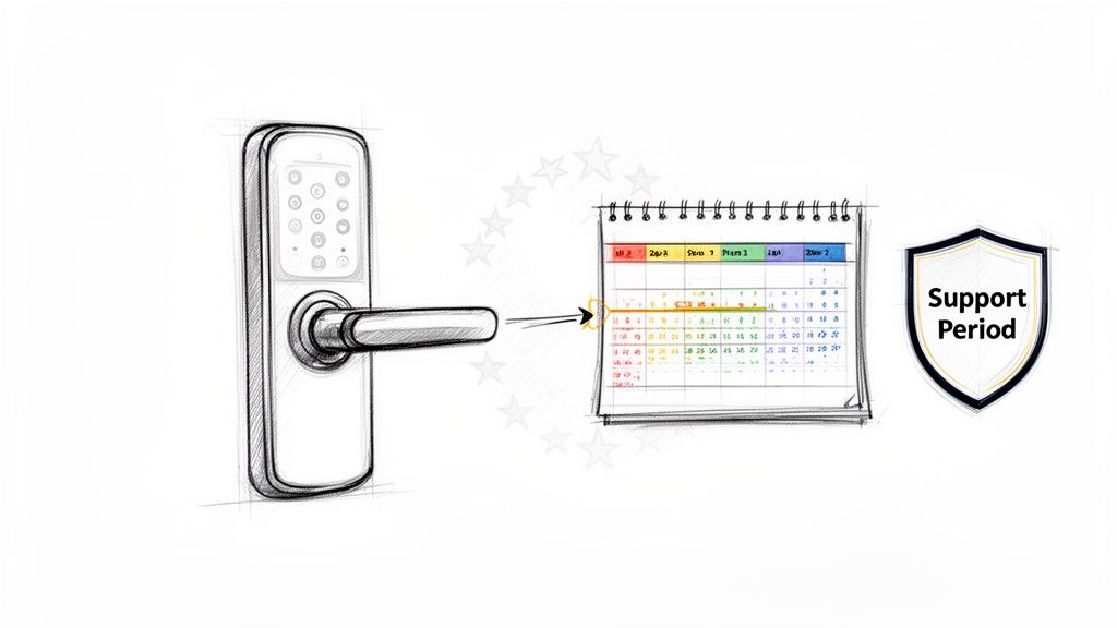 Sketch of a digital door lock linked to a calendar, illustrating a security support period.