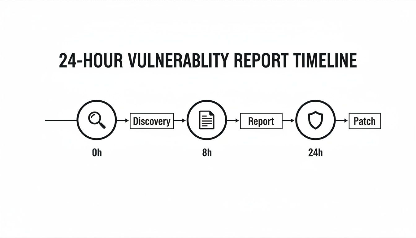 Timeline illustrating a 24-hour vulnerability report process from discovery to patching.