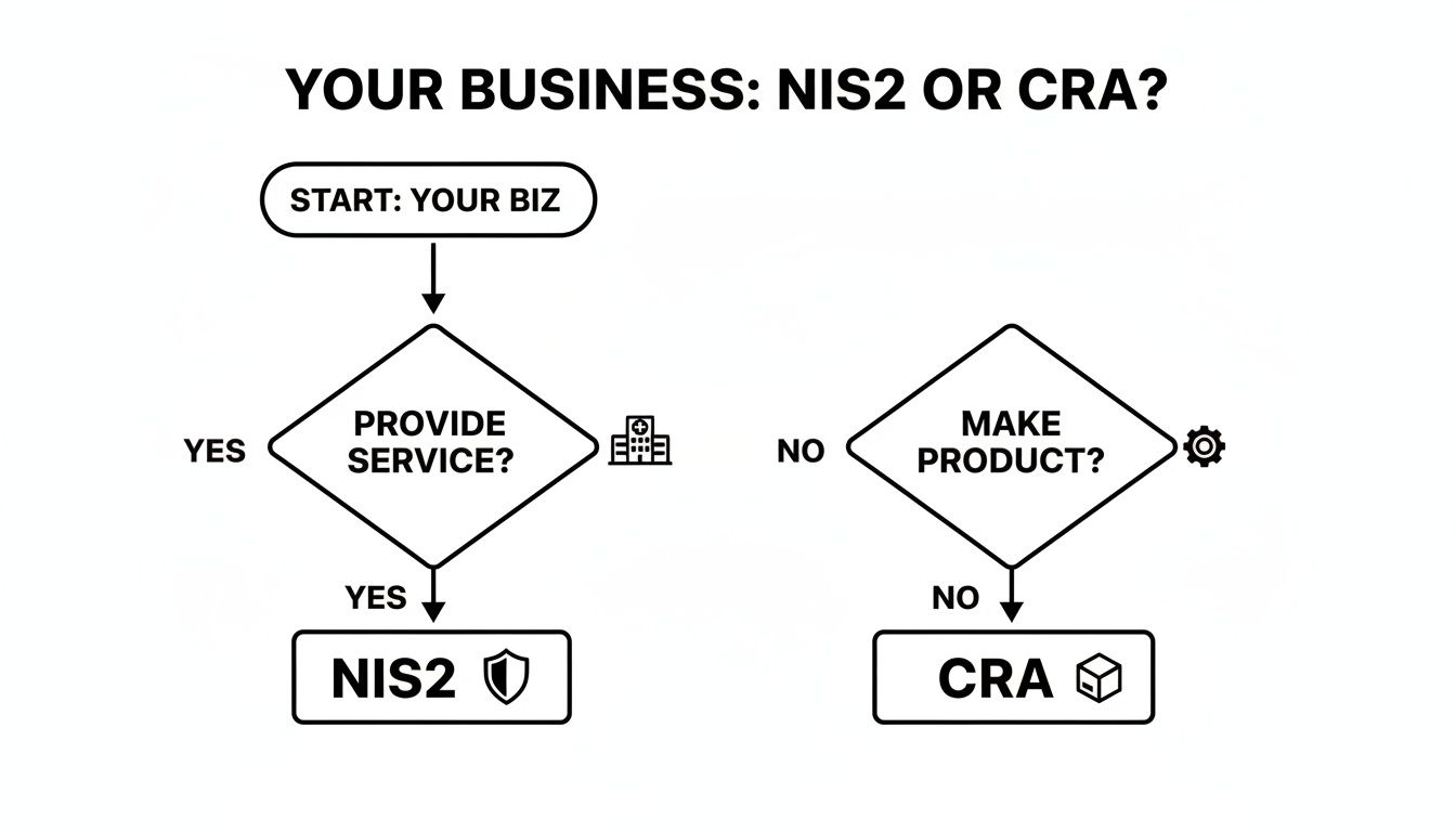 Flowchart determining if a business falls under NIS2 (services) or CRA (neither service nor product).