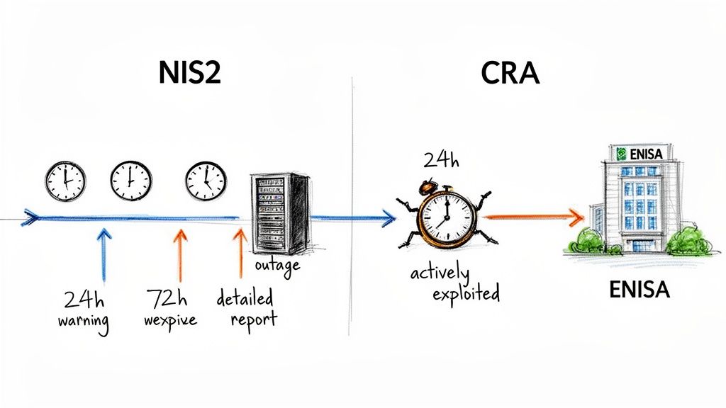 Diagram comparing NIS2 and CRA reporting requirements, showing timelines for outages and actively exploited vulnerabilities.