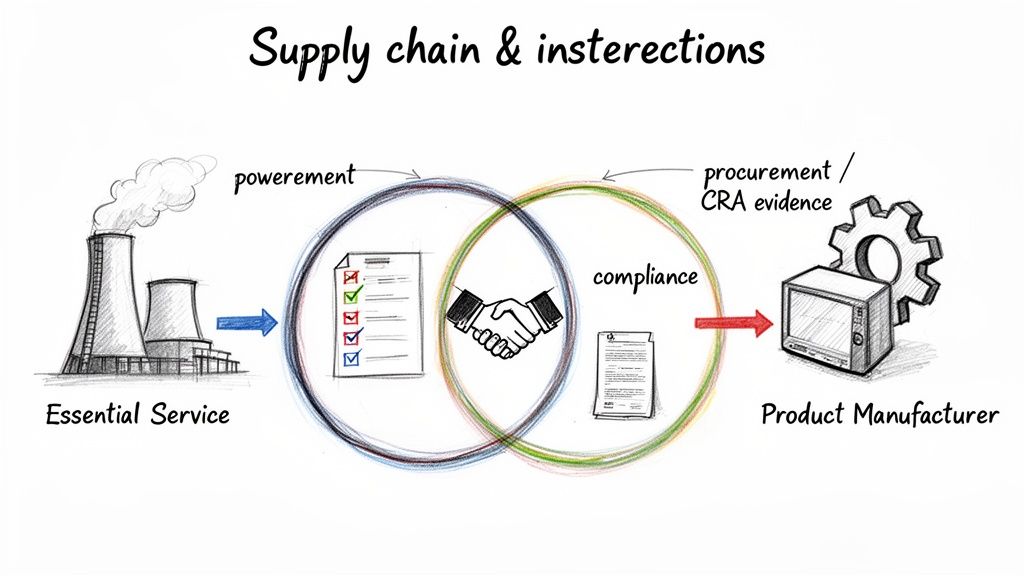 Diagram illustrating supply chain interactions between essential services, powerement, compliance, and product manufacturing.