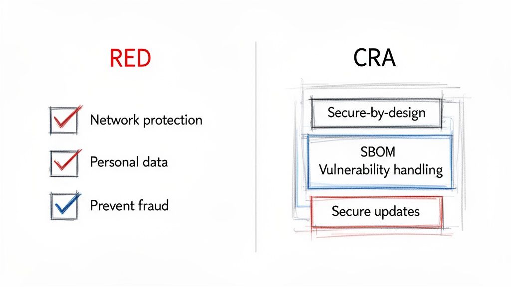 Diagram comparing RED and CRA cybersecurity requirements, listing key aspects like network protection, personal data, secure design, and vulnerability handling.
