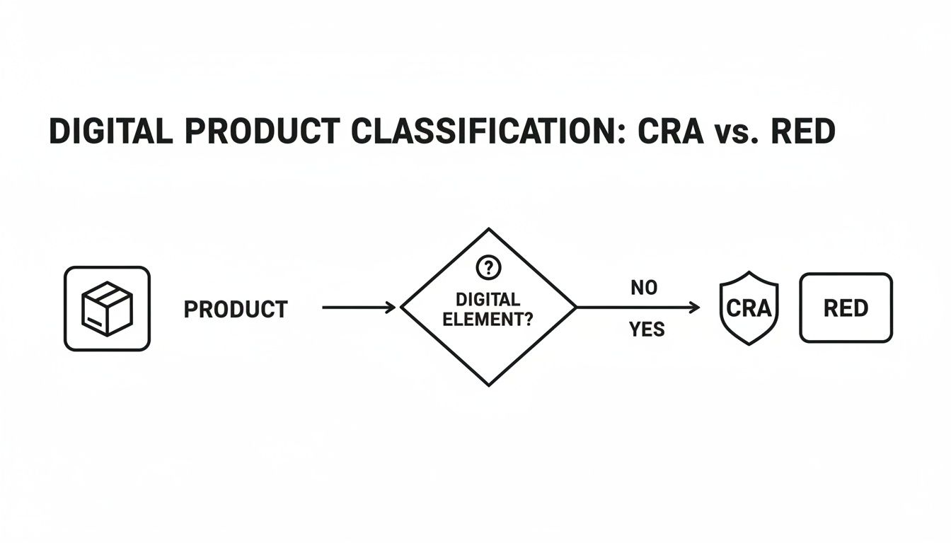 Flowchart showing digital product classification: a product with no digital element is CRA, otherwise it's RED.