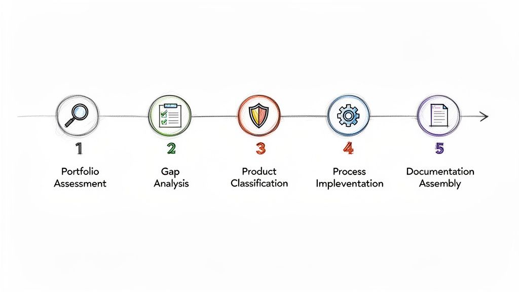 Infographic illustrating a five-step process for cybersecurity requirements: assessment, analysis, classification, implementation, and documentation.
