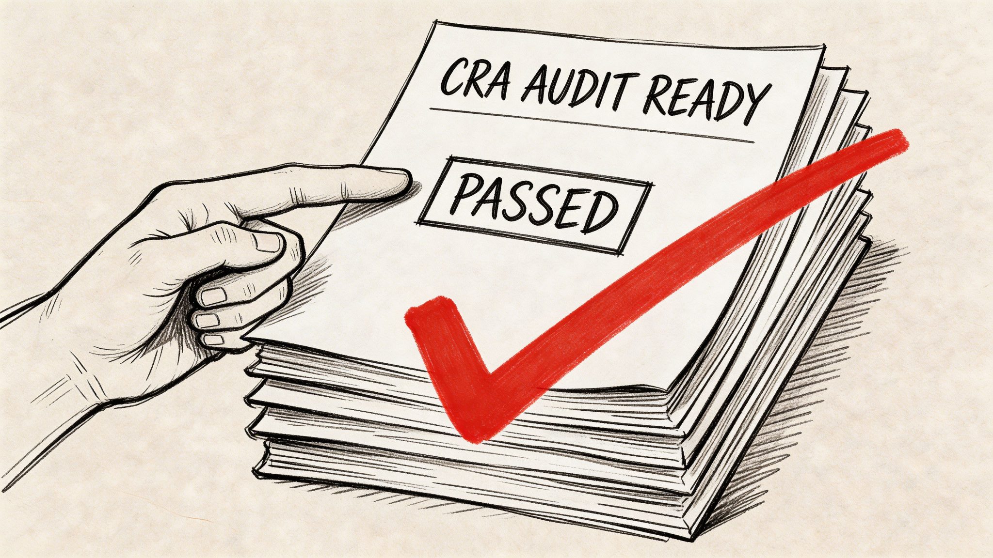 A hand points to a stack of documents marked as CRA audit ready with a passed status.