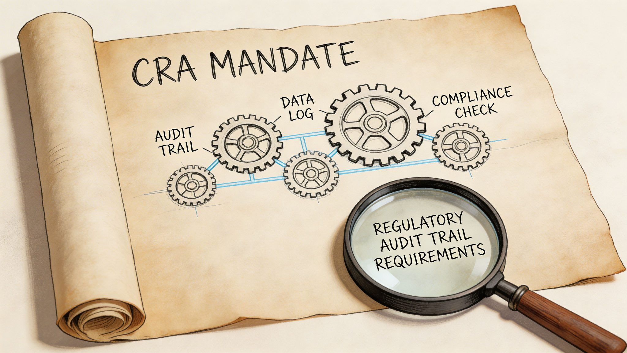 A parchment scroll titled CRA Mandate showing interlocking gears labeled with regulatory audit trail compliance requirements.