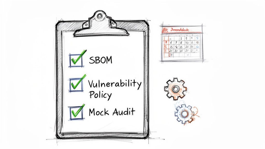 Clipboard checklist showing completed SBOM, Vulnerability Policy, and Mock Audit, with calendar and gears.