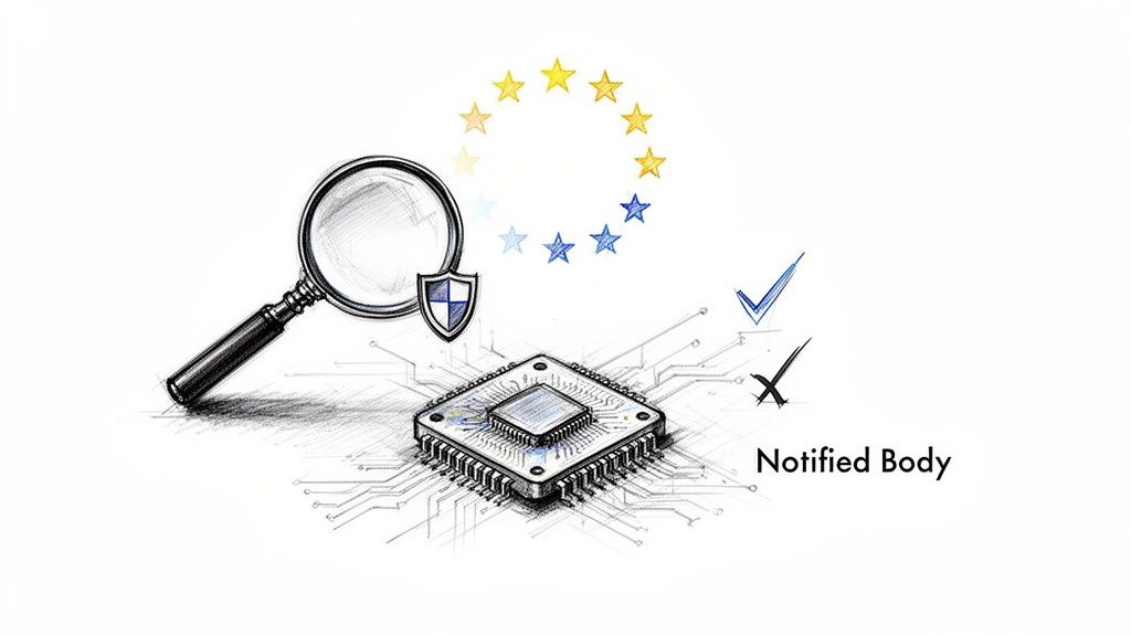 Sketch of a magnifying glass, shield, microchip, and EU stars, representing Notified Body compliance and assessment.