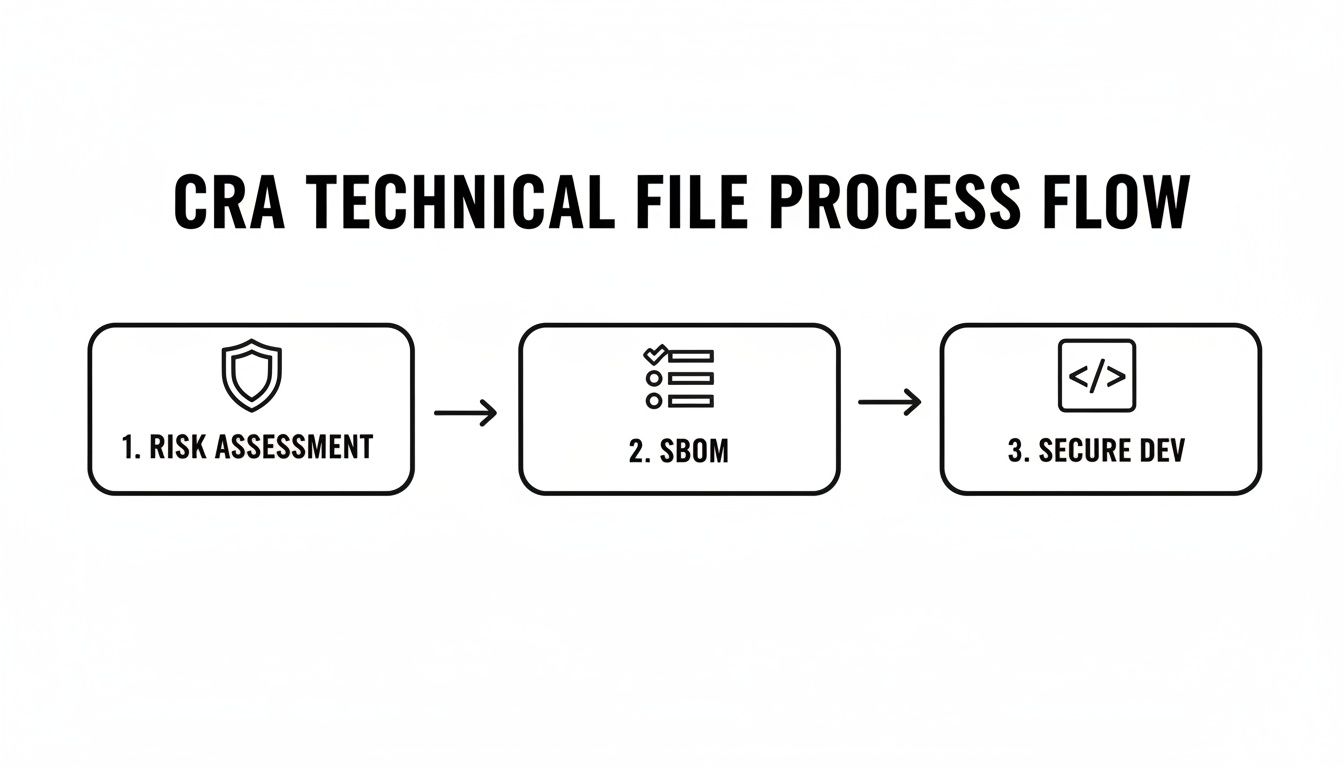 A diagram illustrating the CRA Technical File Process Flow with steps: Risk Assessment, SBOM, and Secure Dev.