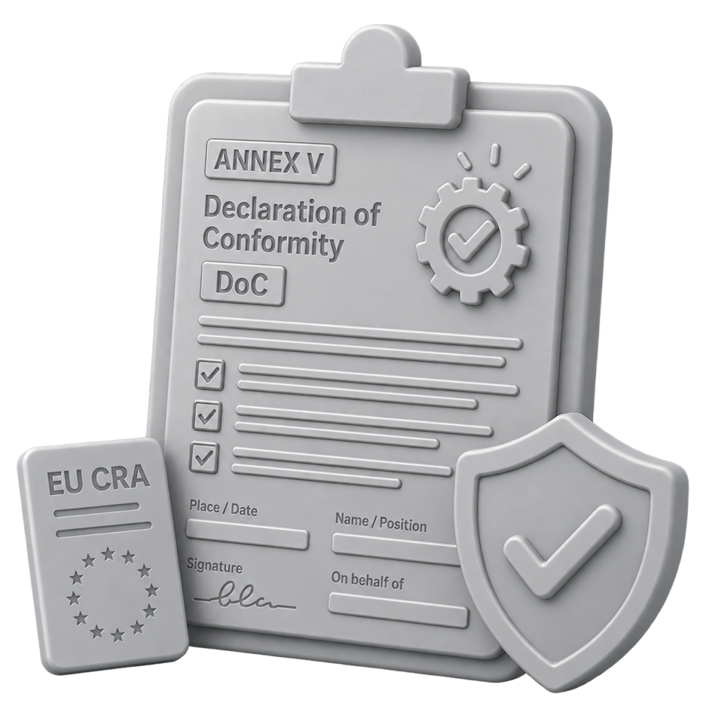CRA declaration of conformity generator showing a filled Annex V Declaration of Conformity document for EU CRA compliance