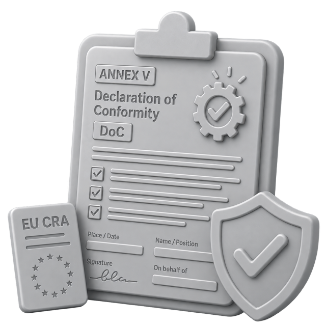CRA declaration of conformity generator showing a filled Annex V Declaration of Conformity document for EU CRA compliance