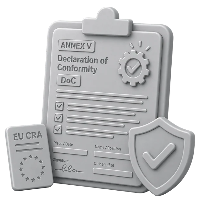 CRA declaration of conformity generator showing a filled Annex V Declaration of Conformity document for EU CRA compliance