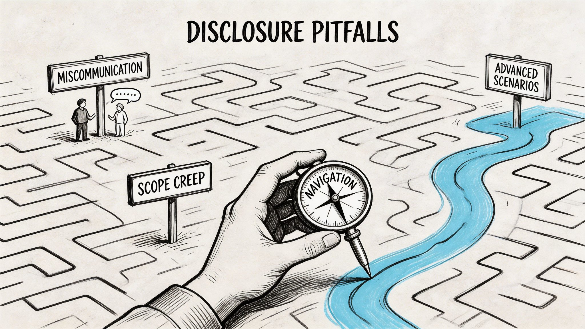 A hand holding a compass navigates a complex maze, avoiding pitfalls towards a clear path.