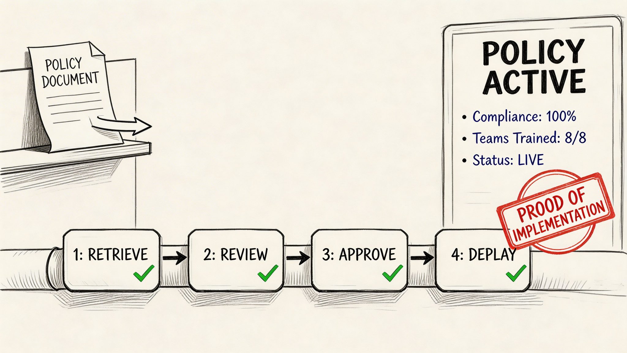 A hand-drawn process flow chart showing policy steps from retrieval to deployment with compliance status shown.