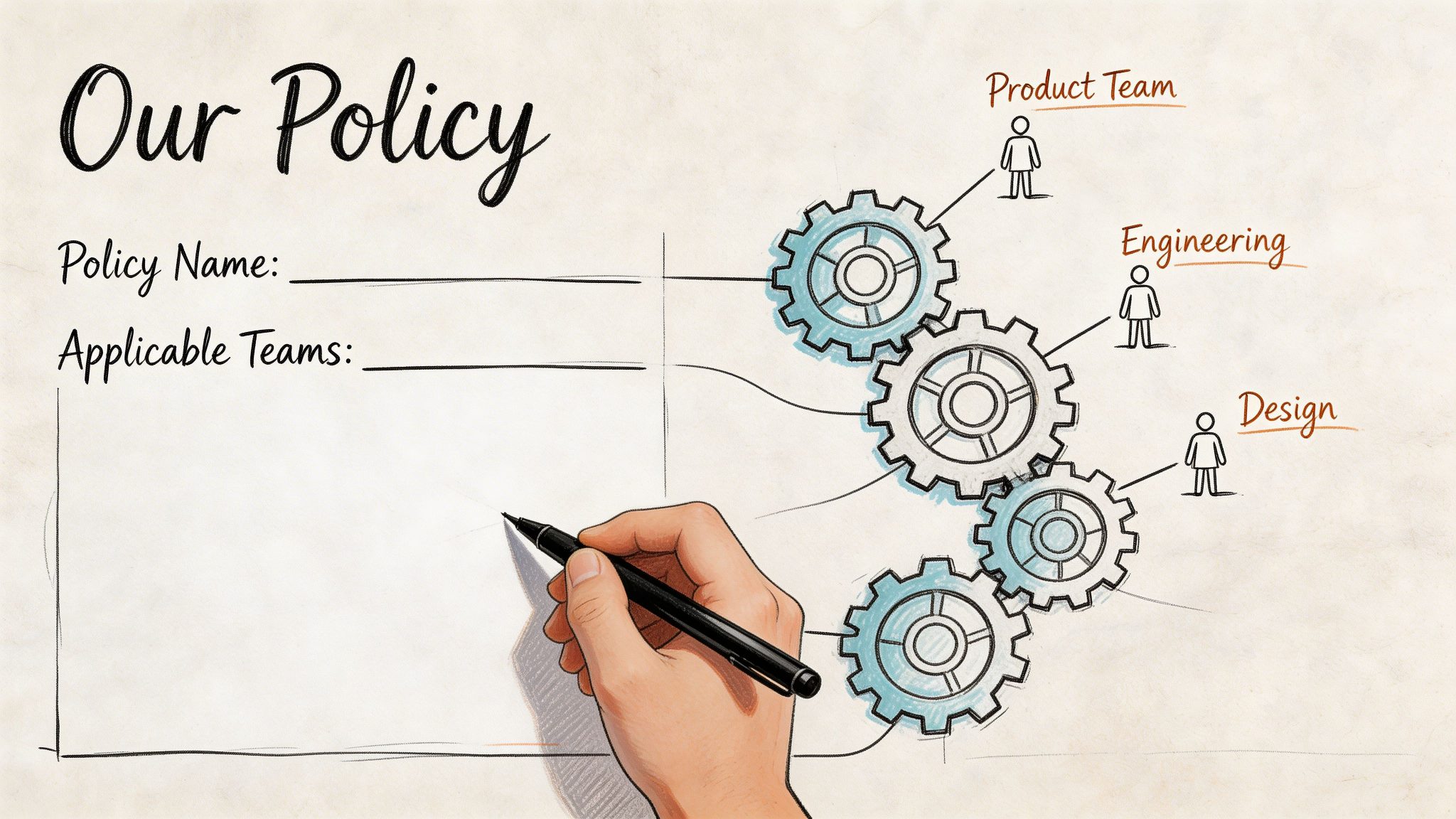 A hand filling out a policy template with blank spaces for the name and applicable teams.