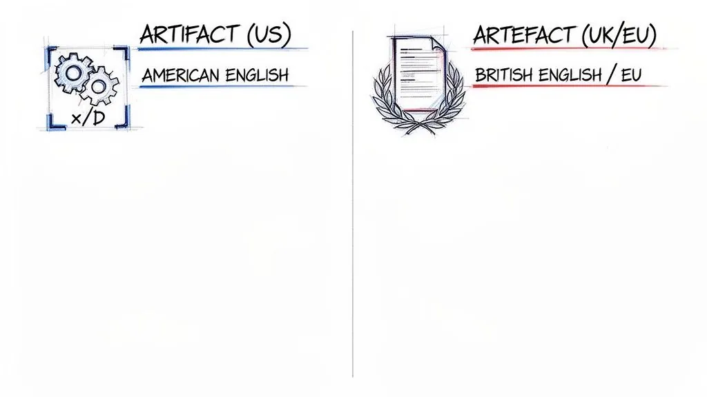 Visual comparison of 'Artifact' (US English) with gears and 'Artefact' (UK English) with a document.