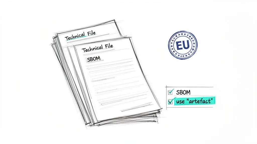 Stack of technical files including SBOMs, alongside an EU stamp and a checklist highlighting SBOM and artefact usage.
