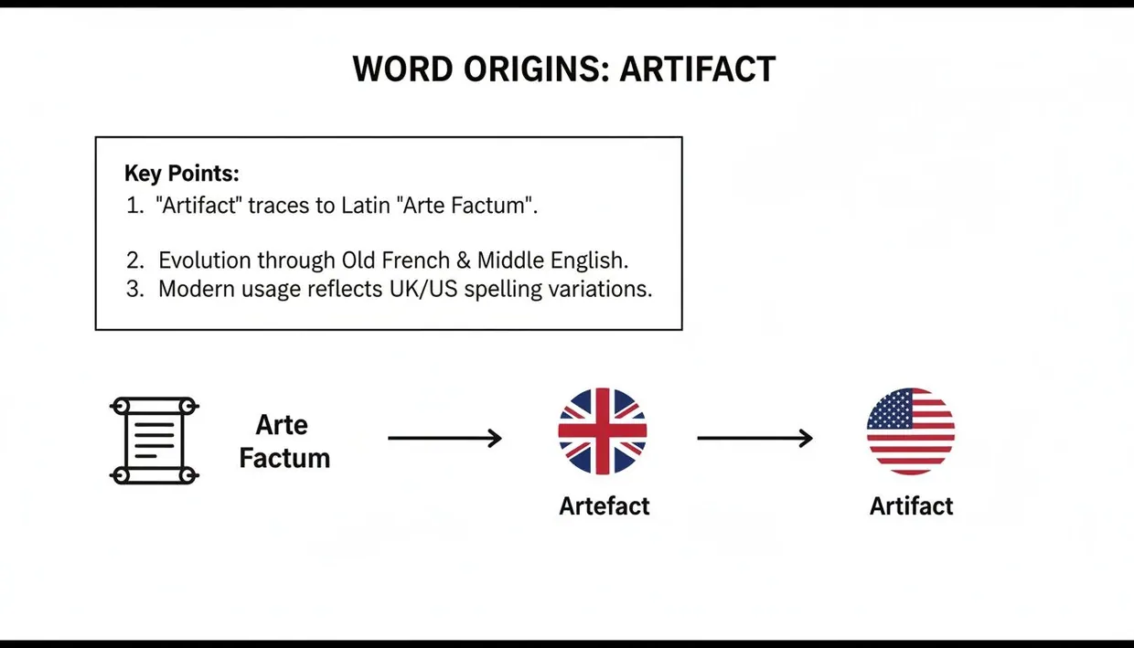 Diagram illustrating the word origin of 'artifact' from Latin 'Arte Factum' to UK 'Artefact' and US 'Artifact'.