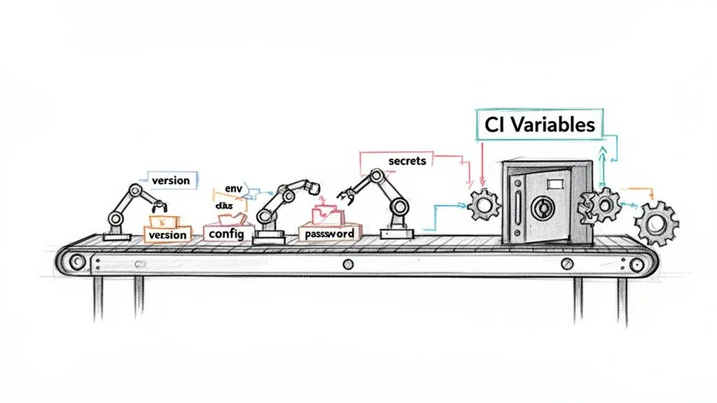 A sketch of a CI/CD pipeline showing robotic arms processing version, config, and password into a CI Variables safe.