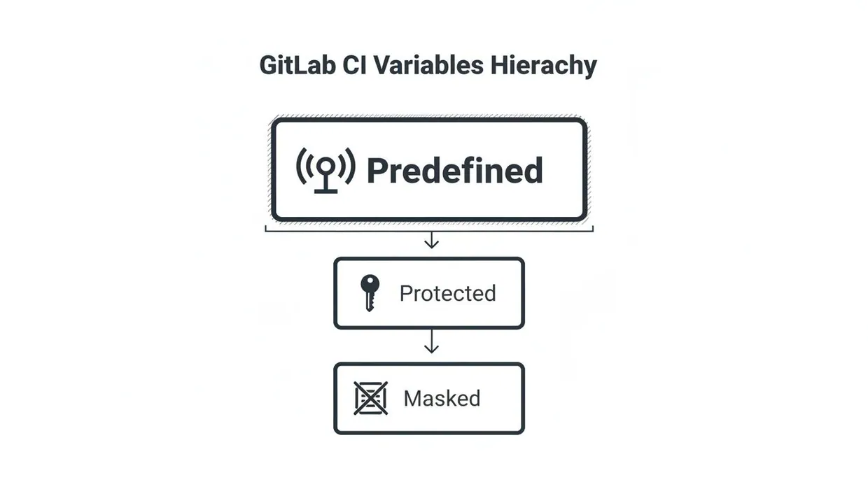 Flowchart illustrating the GitLab CI variables hierarchy, from Predefined to Protected then Masked.