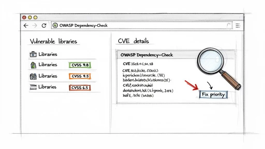 A browser window displays the OWASP Dependency-Check tool showing vulnerable libraries and CVE details.