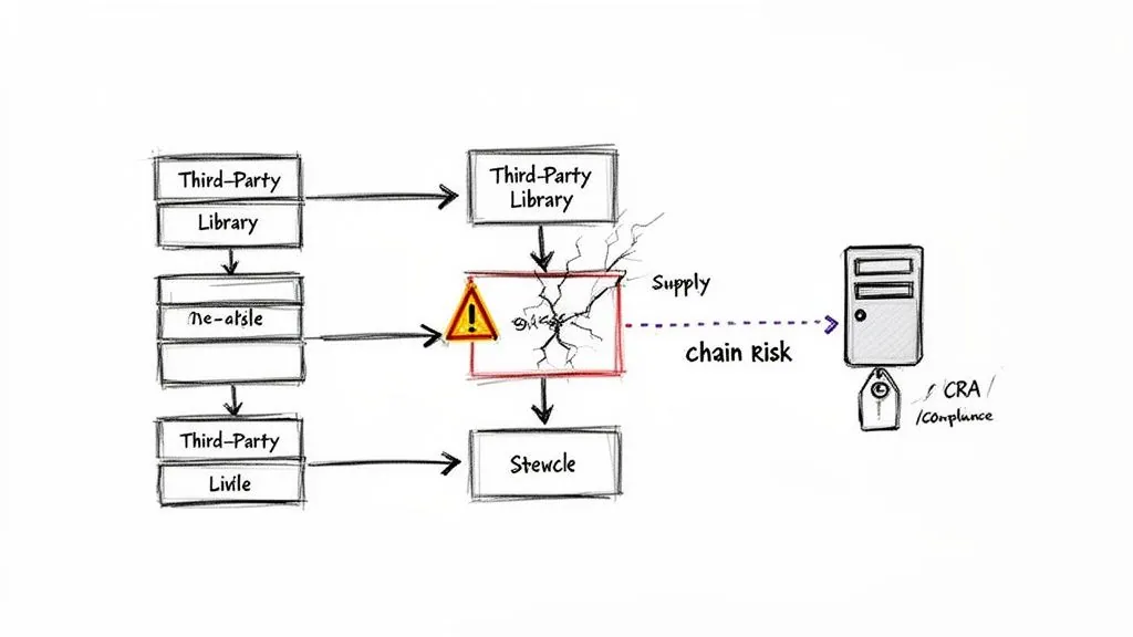 Diagram illustrating software supply chain risk in third-party libraries, highlighting vulnerabilities and compliance.
