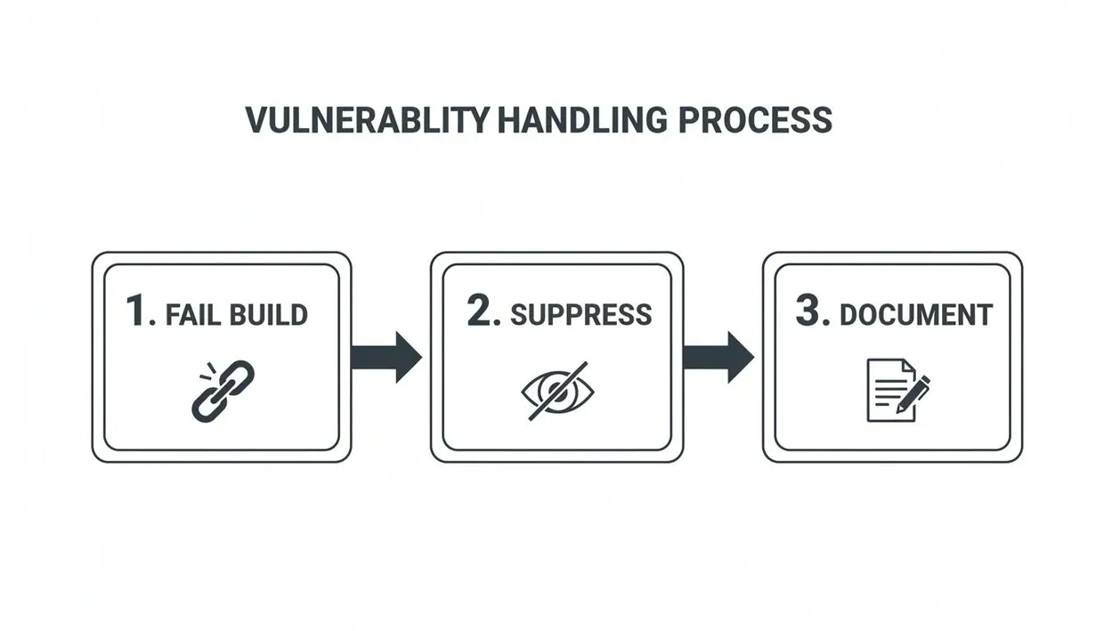A flowchart titled 'Vulnerability Handling Process' showing three steps: 1. Fail Build, 2. Suppress, and 3. Document.