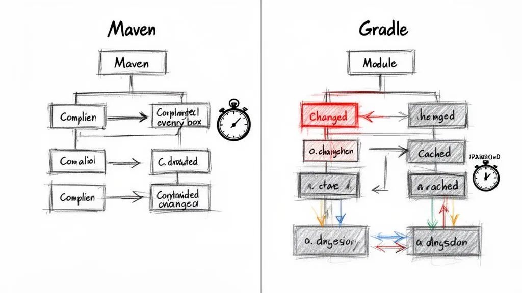 A diagram comparing Maven and Gradle build processes, highlighting Gradle's faster incremental builds and caching.