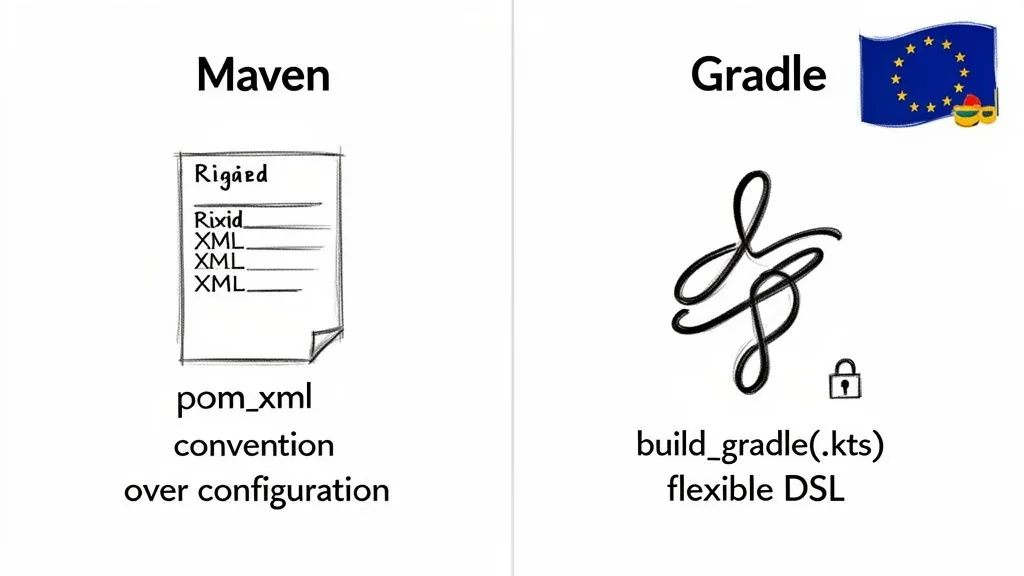 Comparison of Maven's XML-based convention over configuration with Gradle's flexible DSL for build automation.