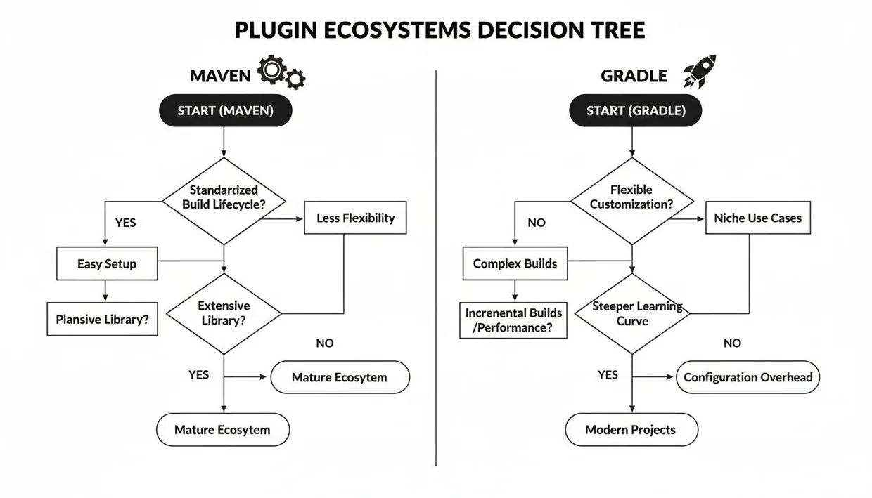 Plugin ecosystems decision tree comparing Maven and Gradle build tools and their outcomes.