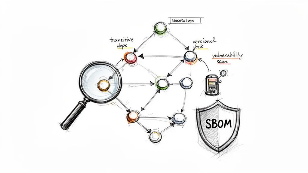 A hand-drawn diagram illustrating software dependency management, vulnerability scanning, and the generation of a Software Bill of Materials (SBOM).