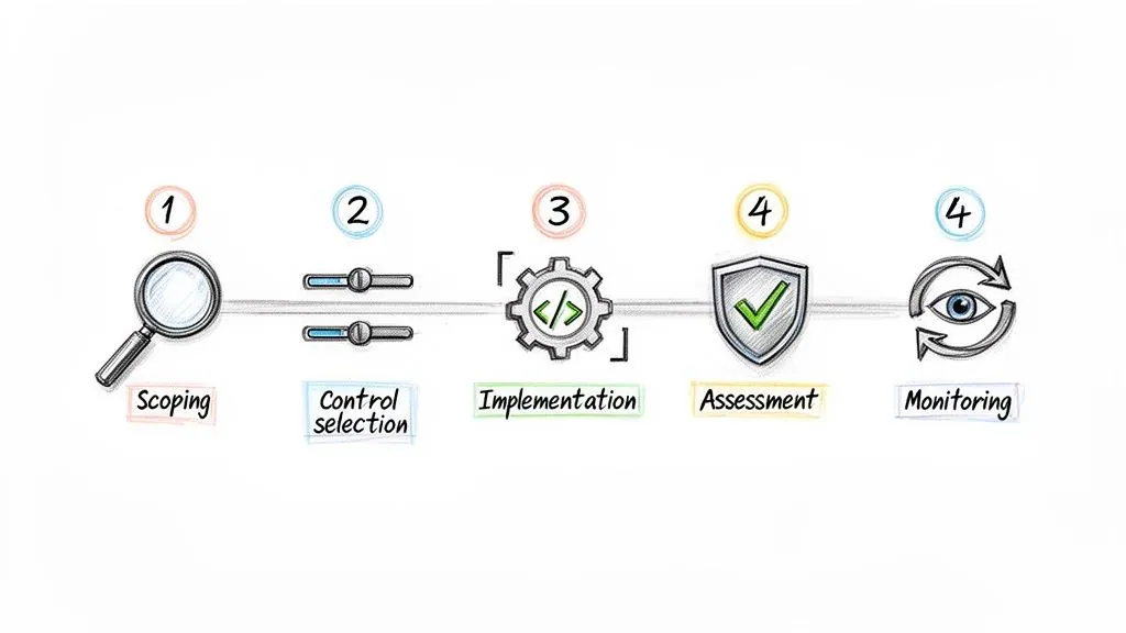 Five-step process diagram: Scoping, Control selection, Implementation, Assessment, and Monitoring of security controls.