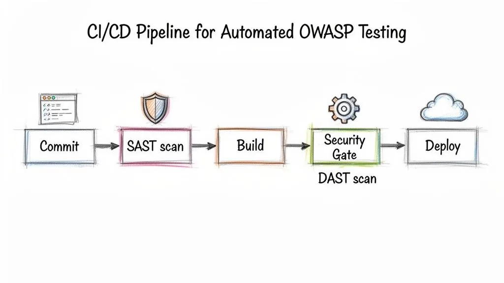 A diagram illustrating a CI/CD pipeline for automated OWASP testing, featuring steps like Commit, SAST scan, Build, Security Gate (DAST scan), and Deploy.