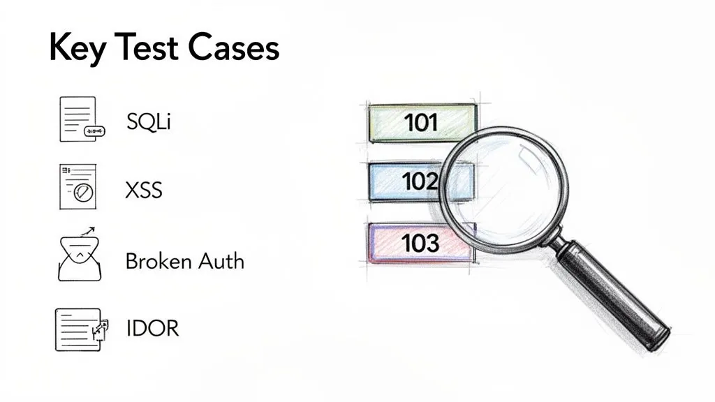 Key security test cases (SQLi, XSS, Broken Auth, IDOR) being inspected by a magnifying glass.