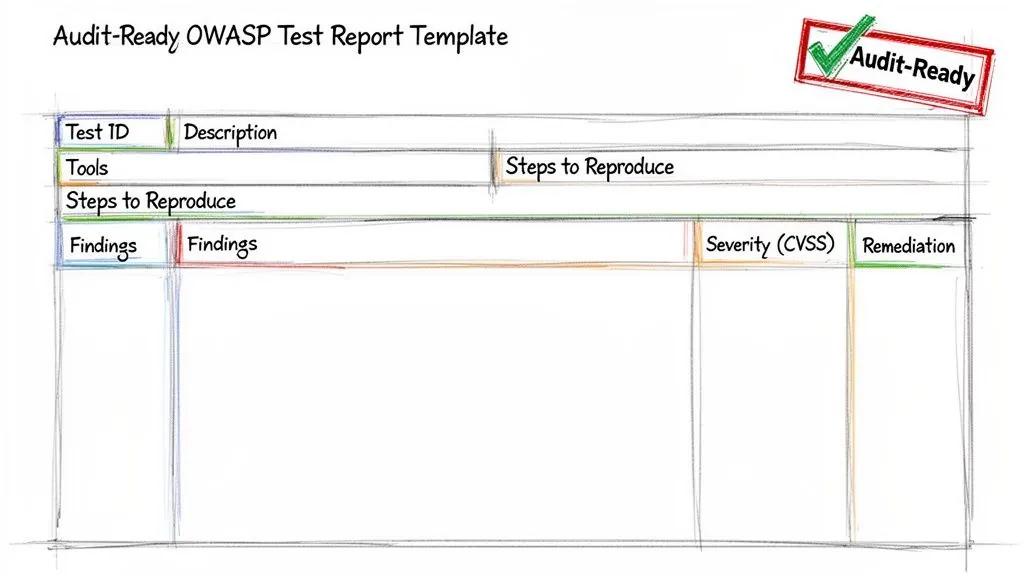 Hand-drawn template for an Audit-Ready OWASP Test Report, detailing sections like Test ID, Findings, Severity, and Remediation.