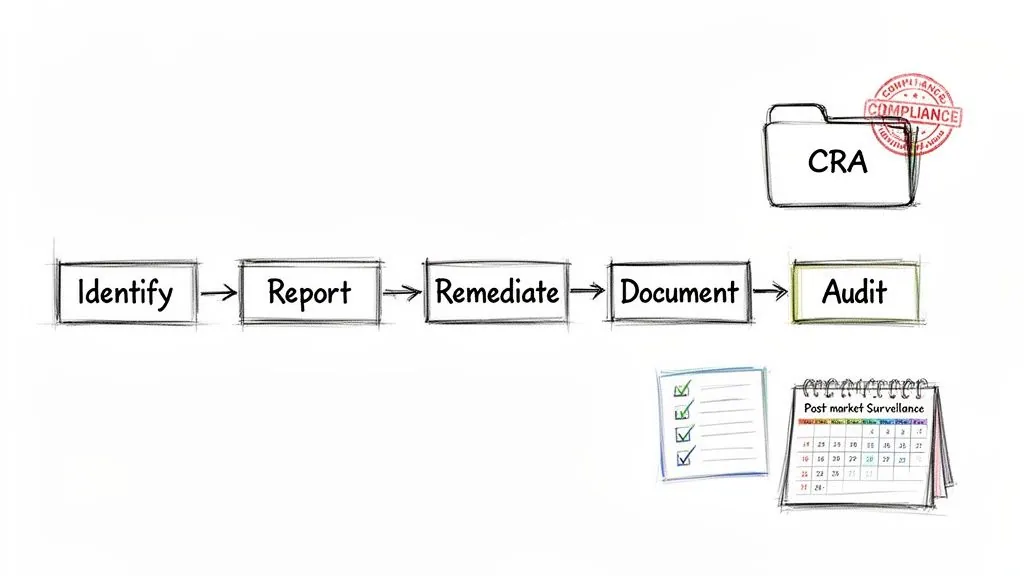 Diagram illustrating a compliance and audit process including identification, reporting, remediation, and post-market surveillance.