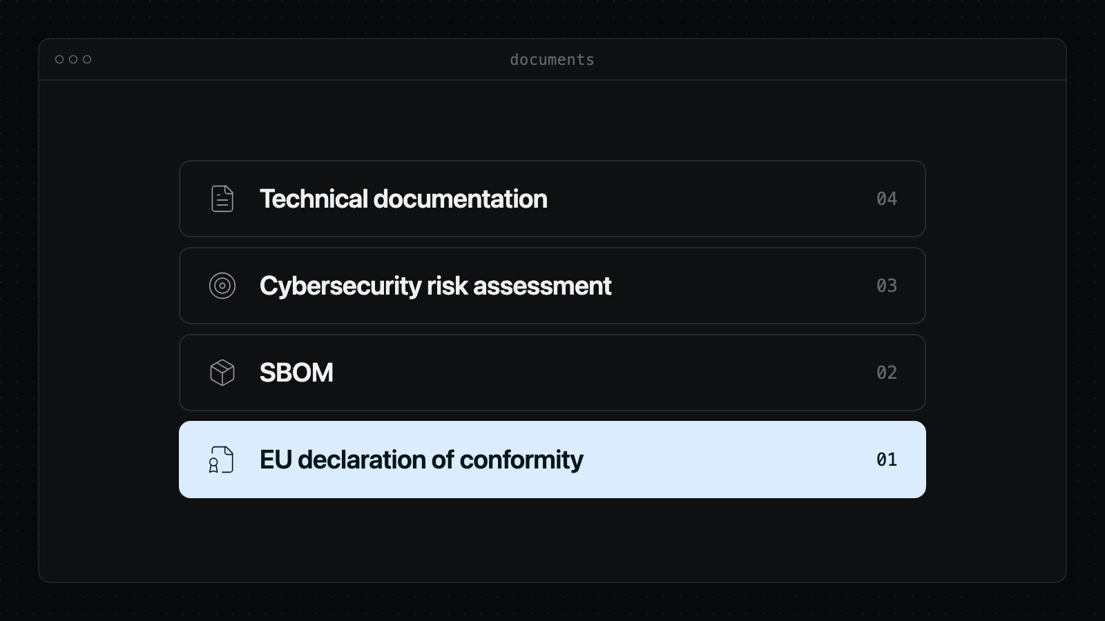 The documents behind the CE mark under the CRA: technical documentation, cybersecurity risk assessment, SBOM and the EU declaration of conformity.