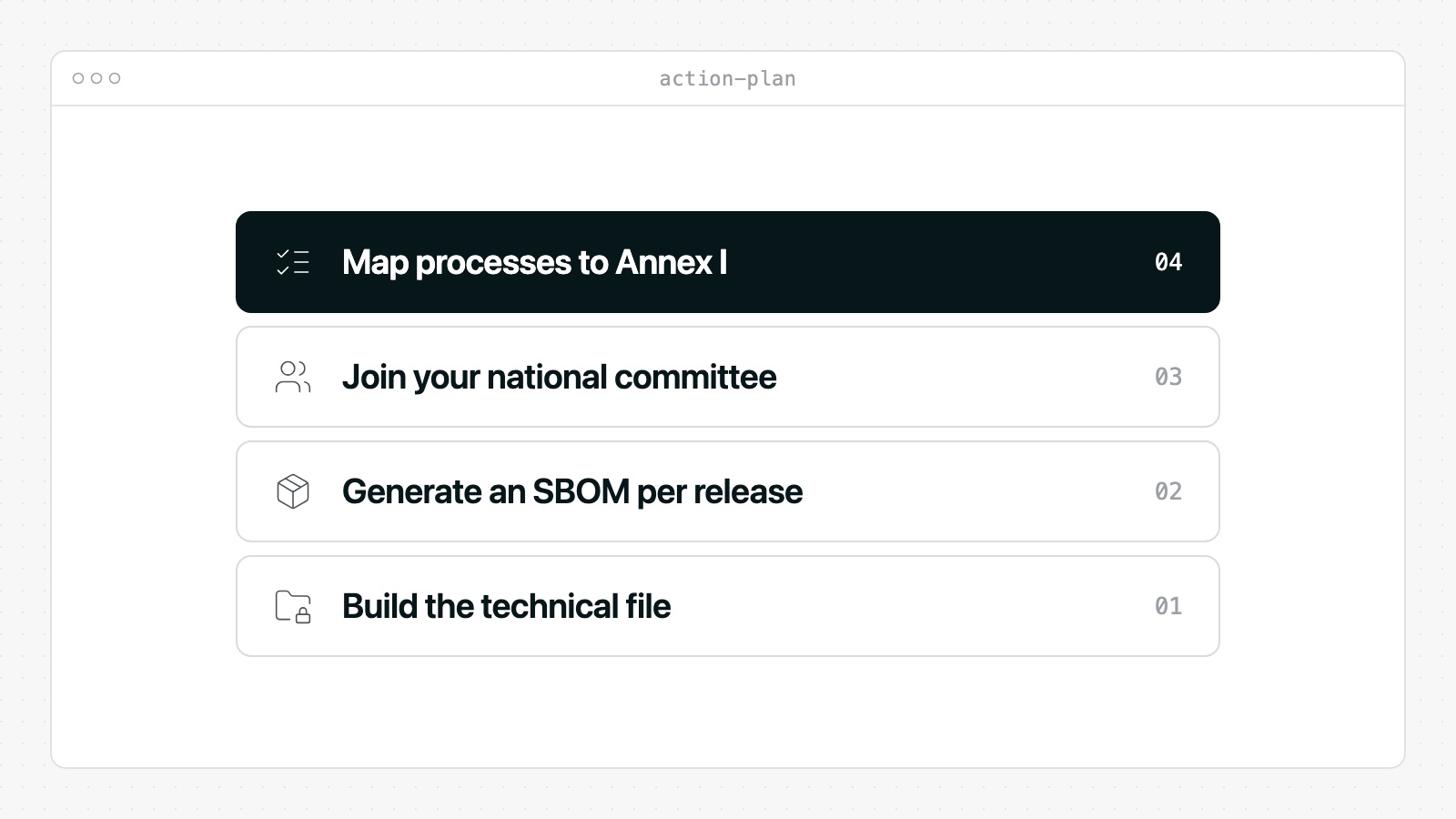 An action plan while CRA standards are being written: map your processes to Annex I, join your national standards committee, generate an SBOM for every release and build the technical file.
